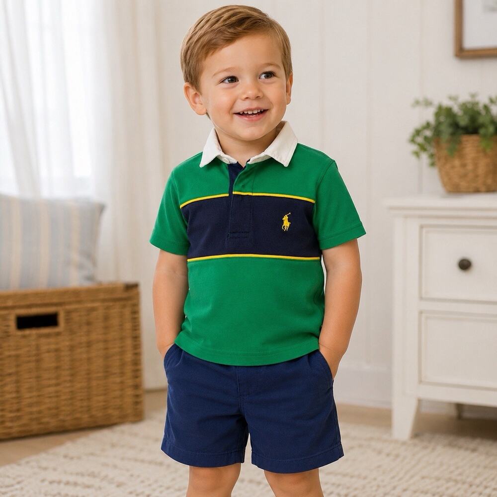 Ralph Lauren Toddler Boys 2T Green Colorblock Polo Shirt Pony Logo Rugby